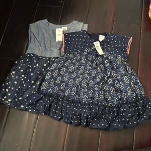 2 Baby gap 18-24 months NWT navy dresses metallic silver stars batik chambray